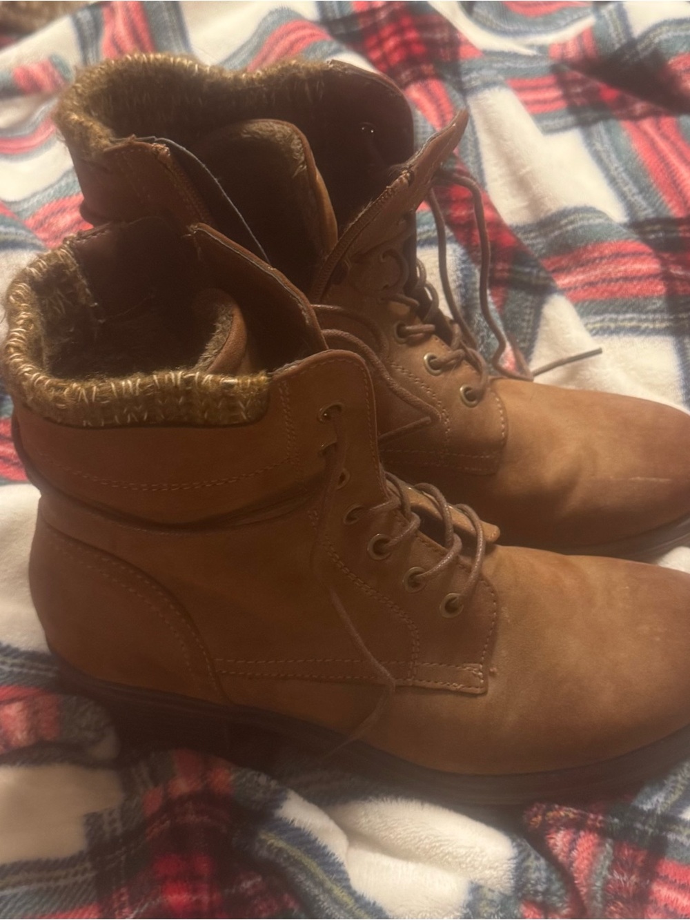 Women's Tan Faux-Shearling Lace-Up Ankle Boots